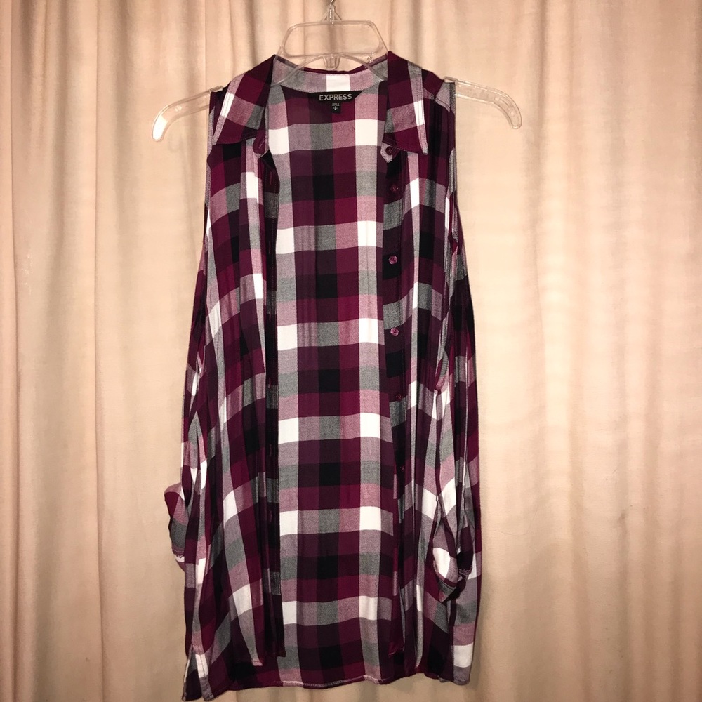 Express Open Shoulder Maroon Plaid Top